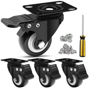 lot 48813 image: 2 Inch Heavy Duty Casters 4 Sets of - Plate Casters with Brake, Bearing 600 pounds, 360 Degree Noiseless Rotating Wheels, Polyurethane (PU) Wheels for Furniture, Carts, Cabinets, Workbenches - Black - Retail $11