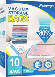 lot 48822 image: Fygrip Vacuum Storage Bags with Hand Pump, Plastic Packaging Bags, 80% Space Saver Vacuum Seal Bags for Clothing, Travel Lugggage, Blankets, Comforters, 16 Combo - Retail $3