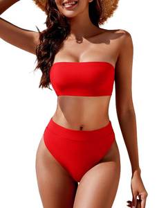 lot 41657 image: YACUN Womens High Waisted Bikini Swimsuit Two Piece Strapless Bandeau Cheeky Bathing Suits Red L - Retail $36