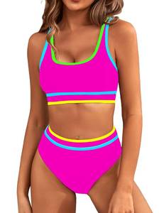 lot 41658 image: BMJL Womens High Waisted Bikini Sets Tummy Control Two Piece Swimsuits Color Block Cheeky High Cut Bathing Suits(S,Rainbow Hot Pink) - Retail $35