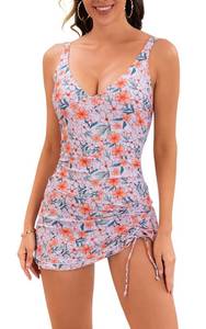lot 41659 image: B2prity Womens One Piece Swimdress Tummy Control Ruched Swimsuit V Neck Modest Bathing Suit with Full Coverage Skirt Medium- Retail $20