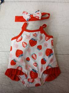 lot 41660 image: Baby Girl Strawberry Print Swimsuit with Headband Set 0-3M- Retail $8