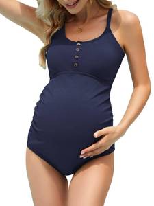 lot 41661 image: Maternity Swimsuit One Piece Ruched Full Coverage Pregnancy Bathing Suits Button Down Nursing Swimwear Navy Medium - Retail $24