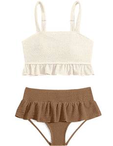 lot 41662 image: MIGU Teen Swimsuits for Girls 13-14 Girl Bathing Suits Beige Brown Adjustable Straps with Ruffled Hem Cute Bikini 2 Piece Swimsuit for Girls Swimwear 13-14 - Retail $6,004