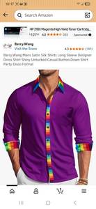 lot 41665 image: Barry Wang Mens Purple Satin Silk Dress Shirt with Rainbow Trim Large- Retail $25