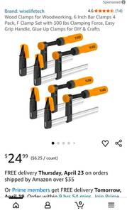 lot 41679 image: Bar Clamps 4 Pack F Clamp Set for Woodworking 6 inch - Retail $24