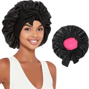 lot 41683 image: Srevela Satin Silk Bonnet for Sleeping, Jumbo Sleep Cap, Black Bonnet for Women with Curly Hair, Double Layer with Tie Band - Retail $17