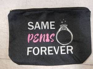 lot 41774 image: Black Canvas Makeup Bag with Ring Design Text Print - Retail $8