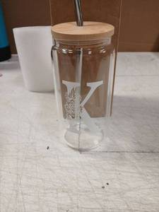 lot 43882 image: Personalized Letter K Glass Tumbler with Bamboo Lid and Straw - Retail $12
