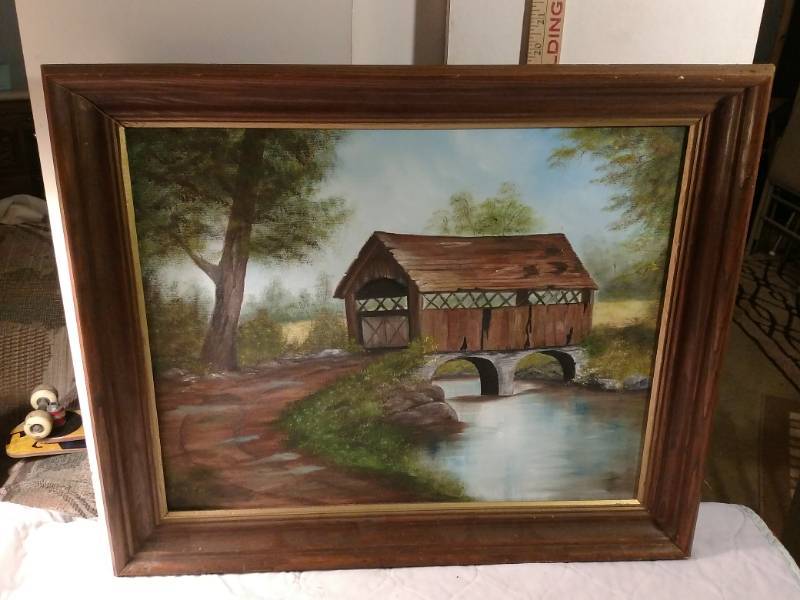 lot 16079 image: covered bridge framed oil painting