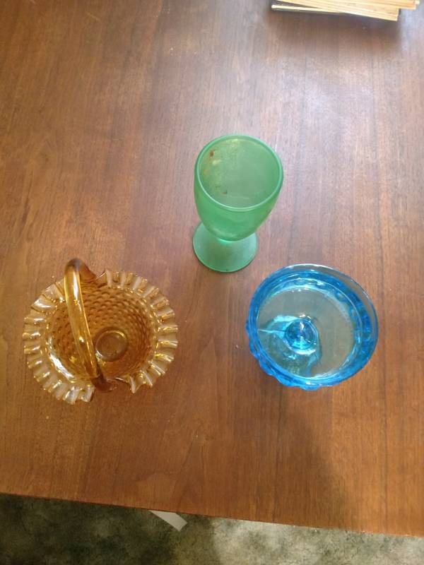lot 16188 image: Fenton Amber Glass Basket, Blue Depression Candy dish, green goblet