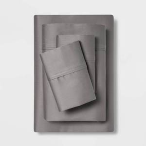 lot 9199 image: King Solid Performance 400 Thread Count Sheet Set Gray - Threshold Cotton Sateen, Includes 2 Pillowcases & Fitted Sheet - Retail $70