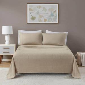 lot 9202 image: Queen Oversized Cotton Flannel 4pc Sheet Set BeigeWhite Stripes - Beautyrest Luxury & Glam Style, All Ages Target Audience - Retail $140