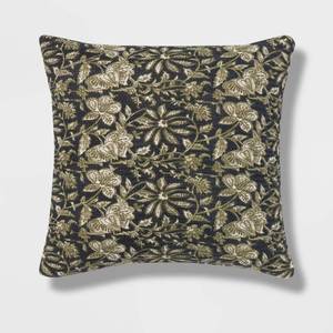 lot 9265 image: Square Double Cloth Printed Decorative Throw Pillow NavyGreenCream - Threshold Cotton Fabric, Botanical Pattern, Indoor Use - Retail $25