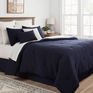 lot 9275 image: 12pc Queen Micro Texture Comforter & Sheet Bedding Set Navy - Threshold Woven Polyester, OEKO-TEX Certified - Retail $119