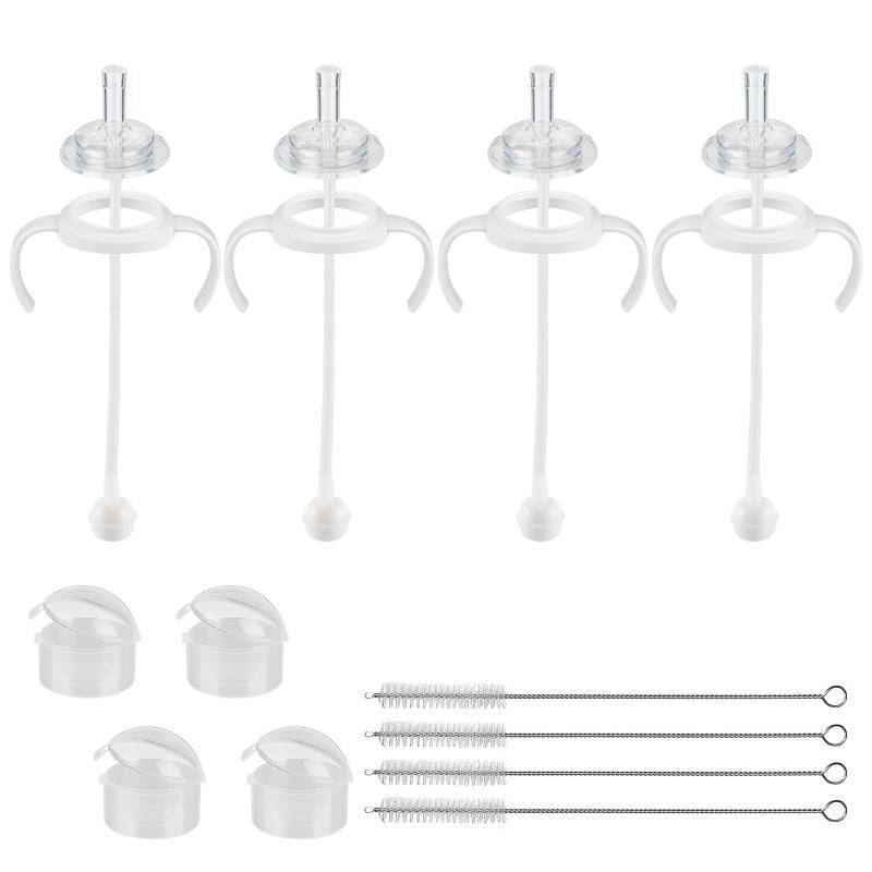 lot 56243 image: Straw Cup Conversion Kit for Pigeon Bottles��Glass Baby Bottle Transition Kit with Weighted Straw, Soft Straw Nipples & Easy-Grip Handle, 8m, 4-Pack - Retail $16