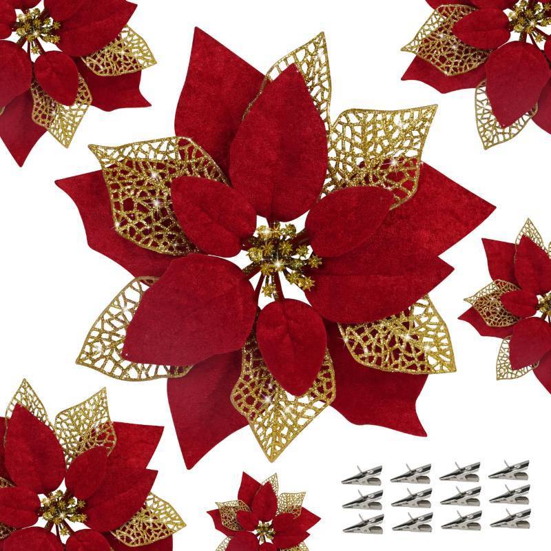 lot 56251 image: 12 PCS Poinsettia Flower Artificial Poinsettia Christmas Decoration 8.7 Dark Red Glitter Poinsettias Christmas Ornaments Xmas Tree Flower Decor with Clips DIY Xmas Wreath Home Party Decor - Retail $14