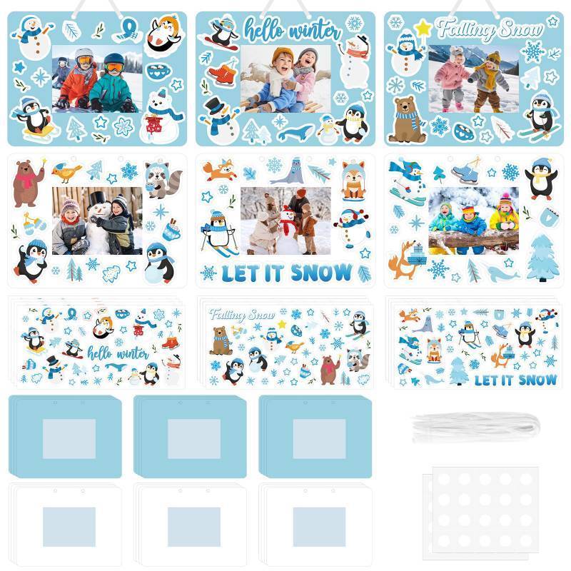 lot 56252 image: 24 PCS Winter Picture Frame Crafts Paper Winter DIY Photo Frame Crafts Penguin Snowman Snowflake Photo Holder Decor for Game Activity - Retail $8