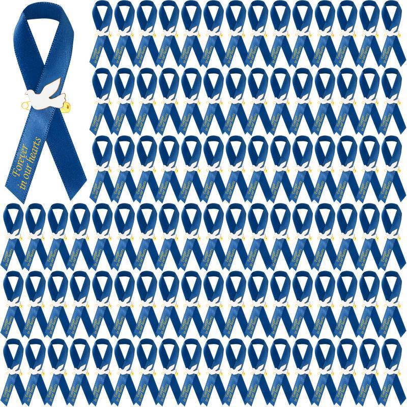 lot 56293 image: 100 Pcs Dove Funeral Memorial Ribbons Pins Memorial Service Respect Funeral Personalized Ribbon Bow with Safety Pins and White Dove for Mourning Remembrance Day Event(Blue) - Retail $18