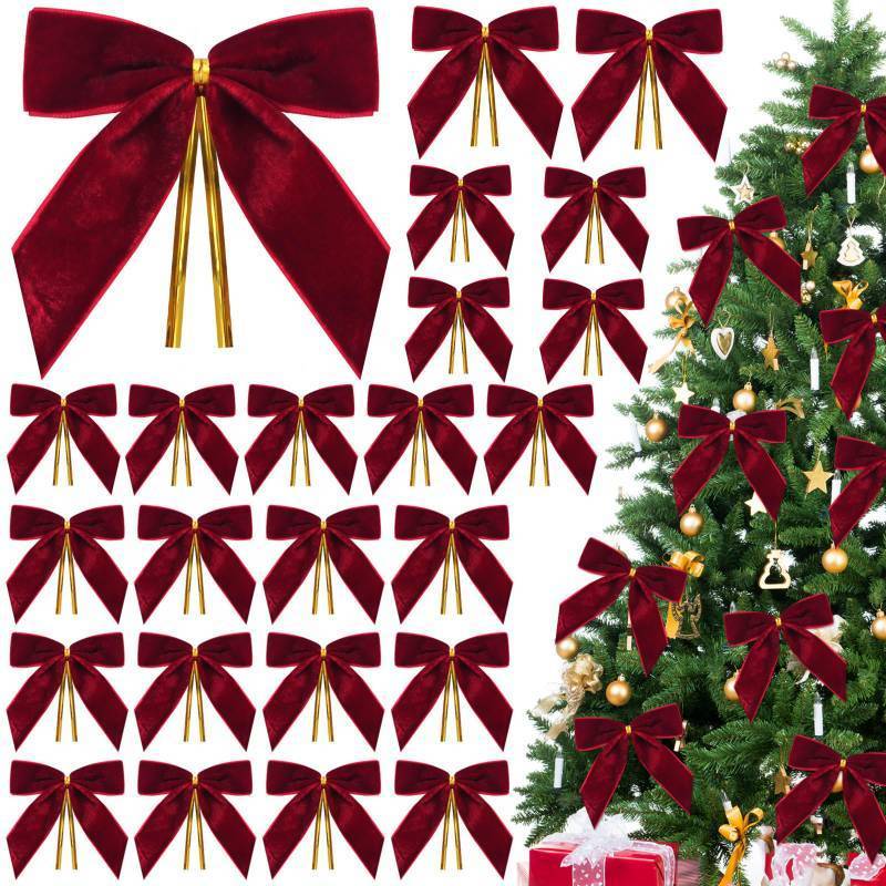 lot 56294 image: 16Pcs Burgundy Velvet Bows for Christmas Tree, Dark Red Velvet Bows Ornaments Christmas Tree Bow for Gift Wrapping Door Vintage Garland Wreath, Rustic Holiday Decor-1 Wide,3.5 x 3.5 Inch - Retail $10