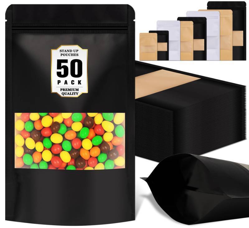 lot 56363 image: Jetmore 50 Pack Smell Proof Bag, Resealable Bags for Small Business, Stand Up Pouches with Window, Small Sealable packaging Bags for Snack, Coffee, Spice, Candy, Trail Mix, Wax, Mylar Bag 3.5 - Retail $7