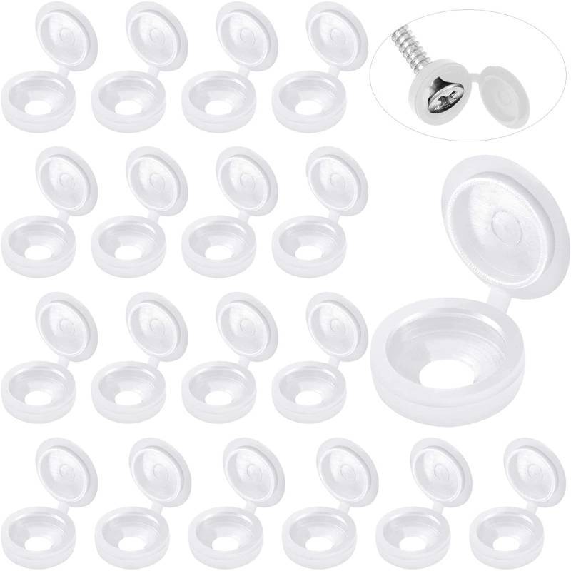 lot 56376 image: 100 Pieces Hinged Screw Cover Caps Plastic Shutter Fold Screw Snap Covers Washer Flip Tops(Medium,White) - Retail $7