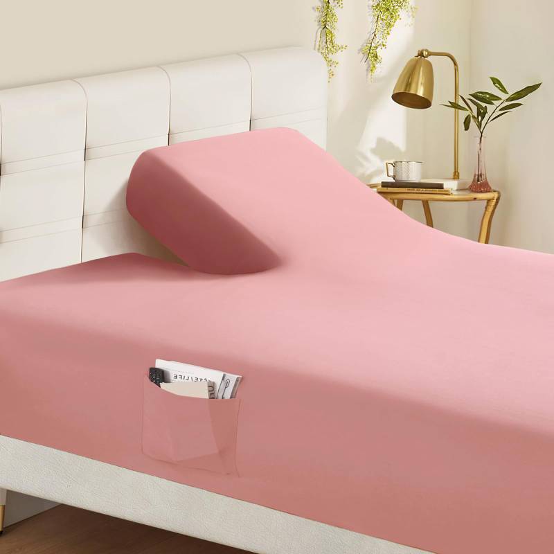 lot 56495 image: Split Top King Fitted Sheet Only for Adjustable Beds, Soft Microfiber Split Head Flex King Fitted Bed Sheet Fits Up to 16 Deep Mattress, Pink - Retail $23
