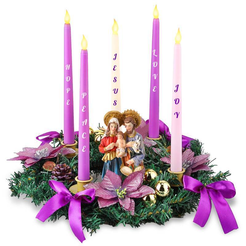 lot 56500 image: Christmas Advent Wreath Candle Holder, Purple Ribbon Advent Wreath wNativity Scene Figurine, 5 Metal Candle Cups, for Holiday Table Centerpiece Decorations, No Candles(Standing Style) - Retail $38