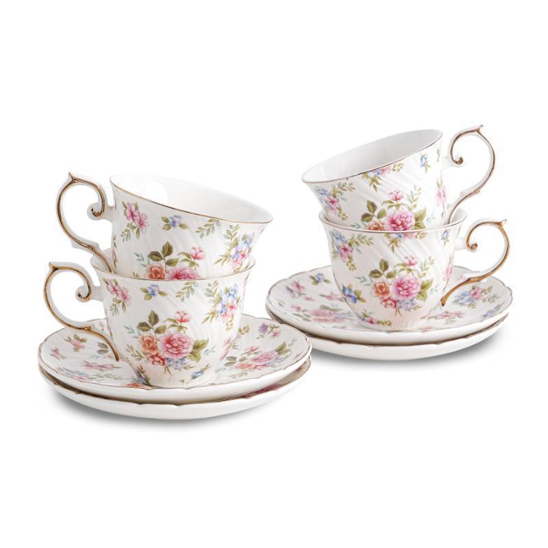 lot 56522 image: Tea Cups and Saucers Ceramic Coffee Mug 6oz for Coffee, Latte, Cafe Mocha and Tea-Set of 4, white with flowers - Retail $35