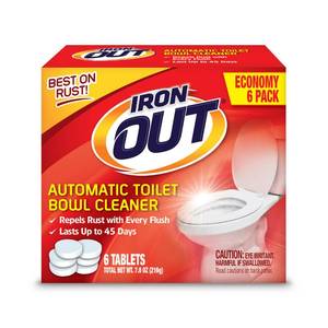 lot 27025 image: Iron OUT Automatic Toilet Bowl Cleaner Tablets, Helps Remove and Prevent Rust Stains with Every Flush, Lasts up to 45 Days, Made in the USA, 3 Tablets - Retail $13