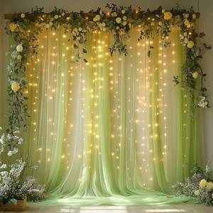 lot 27099 image: Sage Green Tulle Backdrop Curtain with Lights String - 10x8ft Sheer Backdrop with 250 LEDs for Wedding, Baby Shower, Bridal Shower, Birthday Party Photo Shoot Background and Home Decorations - Retail $20