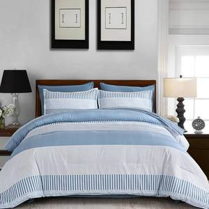 lot 27122 image: Blue Comforter Set Queen Size,Boho Striped Comforters for Boys & Girls,7 Pieces Bed in A Bag Simple Neutral-Style Bedding Sets for Kids Teen - Retail $56