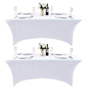 lot 27125 image: 2-Pack 6ft White Spandex Table Covers for Rectangle Standard Folding Tables - Wrinkle Resistant Stretch Tablecloths - Ultimate Fitted Table Protector for Parties, Trade Shows, Banquet - Retail $16