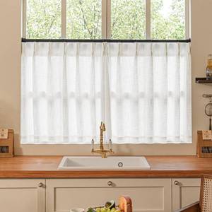 lot 27128 image: Off White Linen Kitchen Curtain 24 Inch Length 2 Panels Set Pinch Pleat Boho Country Farmhouse Short Cafe Curtains Light Filtering Pleated Semi Sheer Small Window Treatment Tiers for Basement Camper - Retail $40