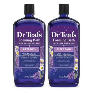lot 27133 image: Dr Teals Foaming Bath with Pure Epsom Salt, Sleep Blend with Melatonin, Lavender & Chamomile Essential Oils, 34 fl oz (Pack of 2) - Retail $12