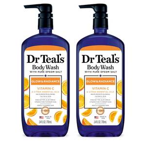 lot 27136 image: Dr Teals Body Wash with Pure Epsom Salt, Glow & Radiance with Vitamin C & Citrus Essential Oils, 24oz (Pack of 2) - Retail $17
