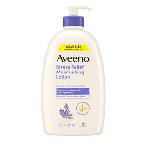lot 27145 image: Aveeno Stress Relief Moisturizing Body Lotion with Prebiotic Oat & Lavender Scent for Sensitive Skin, Calms & Relaxes with 48 Hour Hydration, Fast Absorbing & Non-Greasy, 33 fl. oz - Retail $17