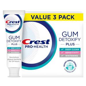 lot 27150 image: Crest Pro-Health Gum Detoxify Plus Toothpaste 4.5 oz Pack of 3 - Antibacterial Fluoride Toothpaste, Sensitivity Protection, Whitens Teeth, Anticavity, Plaque Control - Retail $21