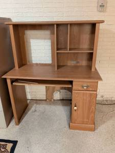 lot 180 image: Oak Wood Computer Desk with Hutch and Storage Cabinet