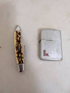 lot 326 image: Multi-blade Folding Pocket Knife with Bone Handle and Zippo Lighter