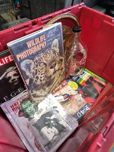 lot 93 image: Mixed Collection Books Toys Electronics Red Storage Crate Harley Davidson and More - Tote Not Included - Retail $15