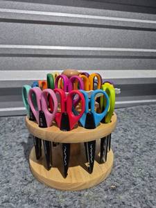 lot 139 image: Colorful Scissors Set with Wooden Rotating Organizer - Retail $25