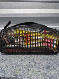 lot 144 image: Black Mesh Toiletry Bag with Office Supplies - Retail $15