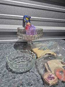 lot 147 image: Glass Compote Bowl with Cut Crystal Pattern and Mixed Collectibles Lot - Retail $15