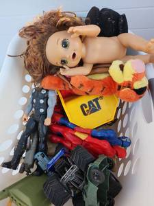 lot 210 image: Mixed Toy Lot with Dolls Action Figures and CAT Dump Truck  Keep Basket Too - Retail $25