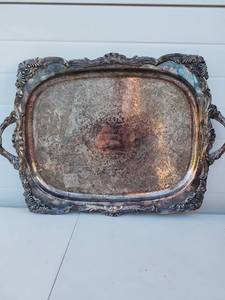 lot 214 image: Ornate Silver Plated Serving Tray with Handles - Retail $45