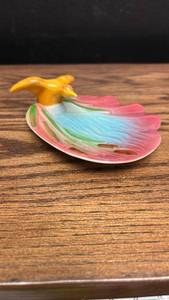 lot 2 image: MCM Colorful Ceramic Leaf Dish with Orange Bird Handle