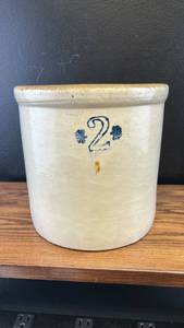 lot 4422 image: 2 Gallon Salt Glazed Stoneware Crock with Blue Cobalt Decoration