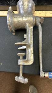 lot 4435 image: Cast Iron Hand Crank Meat Grinder with Blue Wood Handle