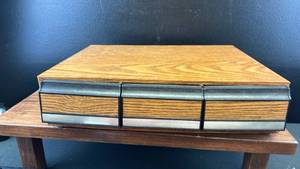 lot 4441 image: Wooden Cassette Tape Storage Organizer with Pull-Out Drawers with contents